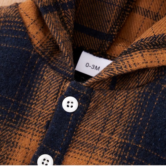Casual Long Sleeve Button Down Plaid Hoodie Romper (0-3months) - Picture 7 of 7